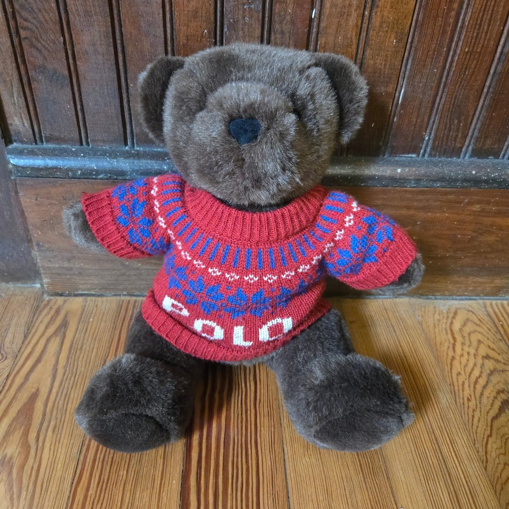 VTG Ralph Lauren Polo Bear 2000 Brown 12in Red Fair Isle Knit Sweater Plush Toy